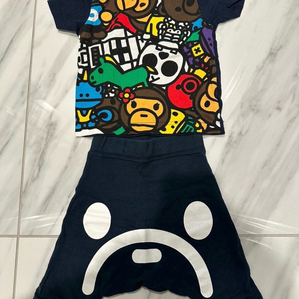 Bape Kids Colorful Graphic Tee and Navy Shorts Set